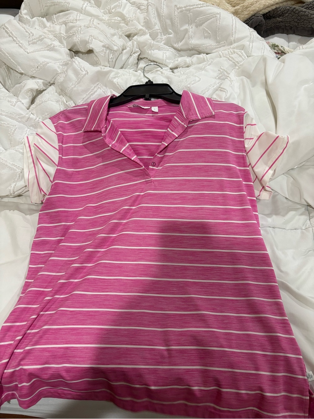 Pink and White Striped Collared Polo Top